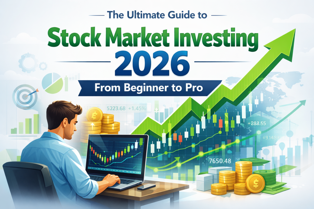 Stock market investment strategies 2026 concept with rising charts, coins, and financial growth