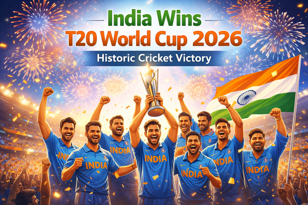 India Wins T20 World Cup 2026 historic cricket victory celebration with Indian team holding trophy