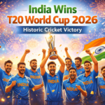 India Wins T20 World Cup 2026 historic cricket victory celebration with Indian team holding trophy