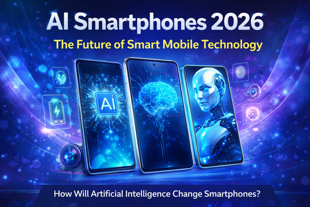 AI Smartphones 2026 concept showing futuristic smartphones powered by artificial intelligence technology