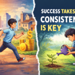 Moral story illustration showing a young boy helping an old man on a village road symbolizing kindness and humanity