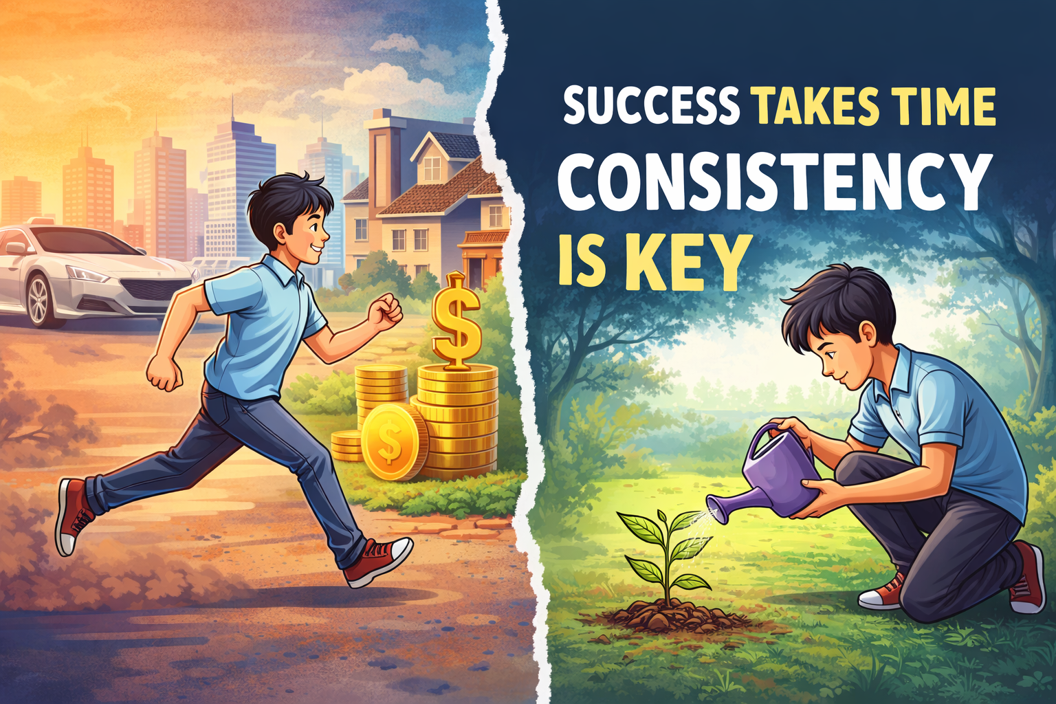 Moral story illustration showing a young boy helping an old man on a village road symbolizing kindness and humanity